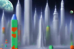 One mile tall plastic city Towers on the moon made out of stacked Rubik's Cubes, Orange, white, blue, green. Jewel tones