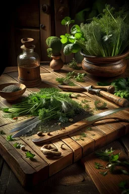 A rustic wooden cutting board, aged oak surface textured with knife marks, surrounded by vintage kitchen tools and fresh garden herbs cascading off the edges, positioned on a rough farmhouse table, ambient warm light casting soft shadows, still life photography, high dynamic range, rich earth tones.