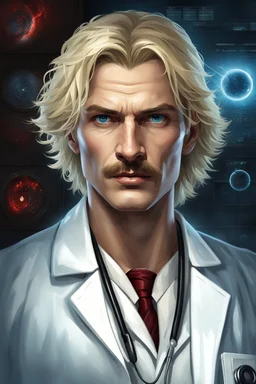 The Doctor is a little over six foot tall, in his mid thirties, with blond hair and pale blue eyes. He has attractive features with a strong jaw line. His blond hair has a slight disheveled look, and he has a well maintained thick blond mustache. He is clan Malkavian, and generally wears a white doctors lab coat with a bit of blood splattered at the bottom edges. Under his doctors lab coat he usually wears a Hawaiian flowery shirt. When not in surgery, photorealistic