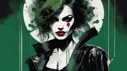 aesthetic, painterly style, modern ink, joker, dark green and black, card play, sensual, sultry, dark blouse, expressive pose, urbanpunk, abstract texture multilayer background, neo-expressionist , Russ Mills, Ian Miller