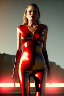 retro sci-fi image from 1960, supermarket explosions, people running, sweet young Kate moss walking, tight latex suit, weapon, soft color, highly detailed, unreal engine 5, ray tracing, RTX, lumen lighting, ultra detail, volumetric lighting, 3d, finely drawn, high definition, high resolution.