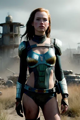 Hannah Hays, ruined city, ultrarealistic, dynamic, concept art, strikingly beautiful (18 year old girl:1.2),_skimpy lost in space armor_, Hair (long ginger:1.1), Face (freckles:1.2), body, medium breasts (heavy cleavage:1.2), tracing, ambient light, highres, (hyperrealistic:1.2), (perfect face:1.1), intricate (high detail:1.1) body, beautiful detailed eyes (emerald:1.3), _camera_, _pose_, plump lips ,sci-fi theme, Model hash: ddc3021b