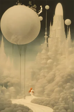 Kay Nielsen, Henry Hintermeister, Surreal, mysterious, strange, fantastical, fantasy, Sci-fi,Japanese anime, miniature garden study, sphere and maze, three-dimensional world that spreads in two dimensions, miniskirt beautiful girl, perfect voluminous body, detailed masterpiece