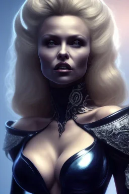 Pamela Anderson as evil queen in black leather, leather, busty, cleavage, angry, stern look. character design by cory loftis, fenghua zhong, ryohei hase, ismail inceoglu and ruan jia. unreal engine 5, artistic lighting, highly detailed, photorealistic, fantasy