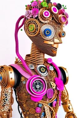 "AI, the Universe, and Everything"; is a pink gold metallic robot wearing a designer suit decorated with quilling found in nature such as feathers, foliage, flowers, and shells; Abstract art; Mixed Media; quilling