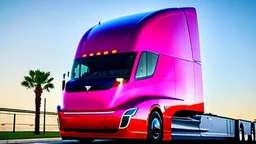 A Tesla semi-truck is racing at top speed, across the 'Universal Studios Orlando', in Florida. CINEMATIC. WIDE ANGLE LENS.