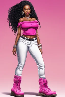 Create a digital airbrush cartoon of a curvy African American female wearing tight white jeans and a off the shoulder hot pink blouse. She is also wearing timberland boots. Prominent make up with hazel eyes. Highly detailed very long extremely braids of black hair. Her skin is smooth and silky. Background of a track of ATV riders.