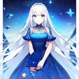 girl, masterpiece, best quality, volumetric lighting, detailed outfit, perfect eyes, white hair, blue eyes, long hair, starry dress,