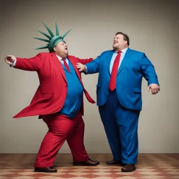 a photograph of lady liberty kicking a fat guy in a blue suits with a long red tie in the groin