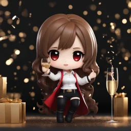 full body chibi woman popping a champagne bottle, long brown hair, red eyes, modern clothes, black pants, bad girl vibe, New Years themed, intricately detailed, anime chibi doll, 3d