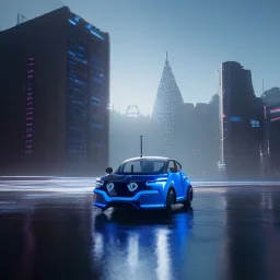 Blue Renault Zoë, futuristic city, zoom