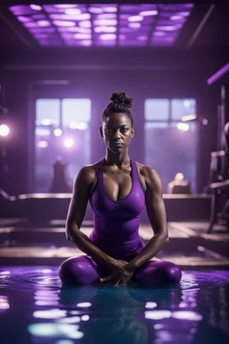 portrait of dark female yoga diver in purple pool in fallout 4 setting, bokeh, downlight, prize winning, depth of field, in the style of ivo caprino, downlight, furry chair