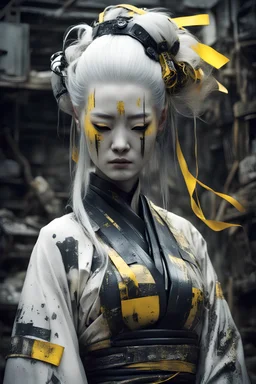 discarded, lifeless, dirty, old, broken, ruptured, malfunctioning, white plastic geisha android wrapped in black yellow ribbon with text "EXPIRED", post apocalyptic scrapyard, long white hair, shrouded in darkness, oriental, glowing circuitboard pattern on the skin, light particles, moody, grainy, noisy, concept art, by Alberto Seveso, Cyril Rolando, Dan Mumford, Meaningful Visual Art, Detailed Painting, Digital Illustration, Unreal Engine 5