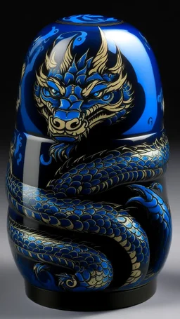 A navy blue Dragon Nocturne designed in Matryoshka nesting dolls painted by Andy Warhol