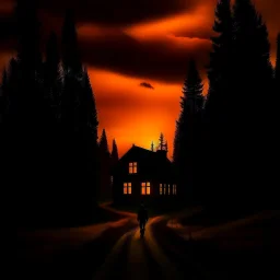 dark night, orange sunset colors in the sky, a lonely cottage with the lights off in the distance on a mountain in the woods, a lonely dark figure walking down the road