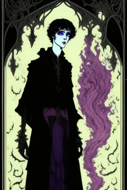 17 year old boy, necromancer, friendly, looks dead, surrounded by weird smoke with eyes, wearing black robes, in the style of Harry Clarke