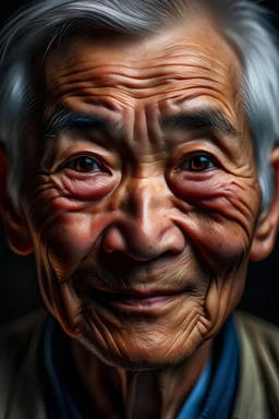 Create a portrait of a very elderly handsome man with a wrinkled face. Chinese He has a very intelligent look with kind and cheerful brown eyes. He's looking straight at the camera. The face fits completely into the frame. It's not cropped anywhere. Beautiful gray hair. His face is decorated with deep wrinkles that speak of wisdom and experience. His eyebrows are slightly raised, expressing restrained curiosity, understanding of life. The high forehead gives him a mental grace, and the deep, sha