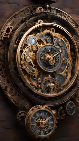 a time-traveling machine surrounded by intricate gears, clocks, and time portals. Showcase detailed Victorian-inspired steampunk attire and emphasize the fusion of past and future elements