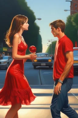 A girl collides with a young man and he catches her in the middle of the road and they look at each other with the bells around them ringing, the girl wears a short red dress exposed from the shoulders, and the young man wears jeans and catches an oil painting Photorealistic