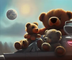 little boy and big teddy bears on moon. drifting in old bmw. oil on canvas