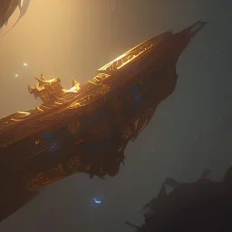 huge ornate spaceship made of brass flying through space, dramatic lighting