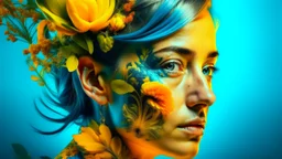 blue background, 18th century, double exposure, portrait Woman 43 years old, wind, flowers, tears, plants, yellow, blue, green, orange colors, bright, drops, detailed, fine drawing, high detail, high resolution, 8K, tattoo, city, double exposure,