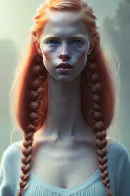 girl, cute, beautiful, orange hair, two braids, wild bangs, blue eyes, big eyes, freckles, long eyelashes, pink lipstick, thin lips, small nose, Gillian from Practical Magic, 8k resolution concept art portrait by Greg Rutkowski