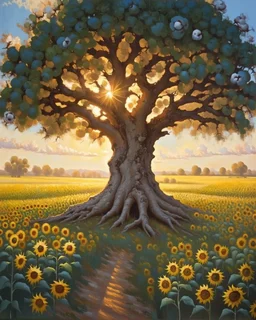 an ancient olive tree in the center of a sunflower field in in impasto style , golden light hour, blue sky full of cotton clouds, simple, peacefull, hyperrealistic --style raw --stylize 750 Modifiers: elegant 8k oil on canvas cinematic lighting very attractive beautiful dynamic lighting fantastic view close up Unreal Engine cinematic postprocessing acrylic art Surrealism Impressionist luminism Craig Rutkowski Tesselated 8k beautiful cinematic lighting elegant very attractive oil on canvas beauti