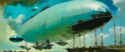 A cyan sky with electrical airships painted by Edouard Manet