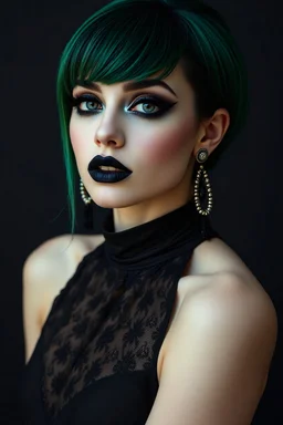 minimalism,amazingly beautiful fashion gothic girl closeup portrait wearing black luxury cocktail dress, stunning black makeup, modern green color hairstyle