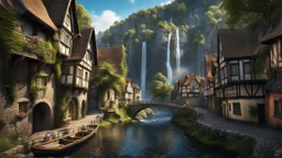 a medieval danish city at the foot of a waterfall at the end of a steep, narrow, 3.000 feet tall ravine. a masterpiece, fantasy concept art, dynamic lighting, hyperdetailed, intricately detailed, deep color, Unreal Engine, volumetric lighting, Epic cinematic brilliant stunning intricate meticulously detailed dramatic atmospheric maximalist digital matte painting