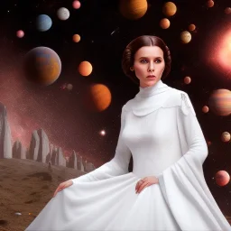 model shoot style, digital art zoomed out portrait of (Princess Leia) ((dressed in white and off white gown)), surrounded by 100 planets, ultra-detailed, ultra quality, illustration, eerie atmosphere, 8k, cinematic lighting