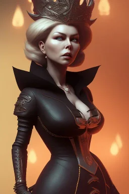 Kim Wilde as evil queen in black leather, leather, busty, cleavage, angry, stern look. character design by cory loftis, fenghua zhong, ryohei hase, ismail inceoglu and ruan jia. unreal engine 5, artistic lighting, highly detailed, photorealistic, fantasy