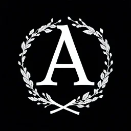 2 branches(crossed at bottom, arching upward in a wreath, delicate linework, romantic), Letter A in Middle or wreath, sharp image, white vector on black background