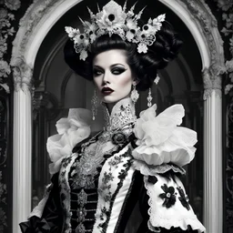 full body portrait of "A rococopunk women in striking black and white, exuding opulence and edginess in equal measure. The extravagant costume features intricate lace details and exaggerated ruffles, accented with metallic embellishments that catch the light. This stunning depiction is a digital art piece that showcases the fusion of rococo aesthetics with punk elements. The image is impeccably detailed and richly colored, immersing viewers in a world of luxurious decadence and rebellious spirit