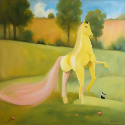 Big pink plastic toy horse.19th painting