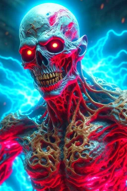 Skeletal man with strange eyes, action snapshot, bloody, Upper body portrait, 8k resolution by Greg Rutkowski, Artgerm, WLOP, Alphonse Mucha dynamic lighting hyperdetailed intricately detailed Splash art trending on Artstation triadic colors Unreal Engine 5 volumetric lighting, thunderstorm