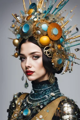 Avant-garde, tin, , Taffeta, crystals, felt, haberdashery, straws, knitted, fittings, disco, shining, brocade , vibes, cords, Fantasy, eggs, Close-up, smiling, Elegant Film photography, unique, angle side view, forehead, , headwear wearable art, ancient elements, fashion model wearing wired avant-garde gown, silk flowers , embroidered, beadwork, extremely fine details, , beautiful colors palette, huge detailed eyes, eyelashes, , Full-head, , isometric, digital art,