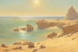 sunny day, sand, rocks, epic horizon, still corners videoclips influence, trascendent influence, very epic, concept art, emile claus and auguste oleffe impressionism painting
