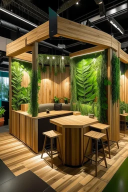 Corner exhibition stand in eco-style, with wood elements and greenery, with meeting areas