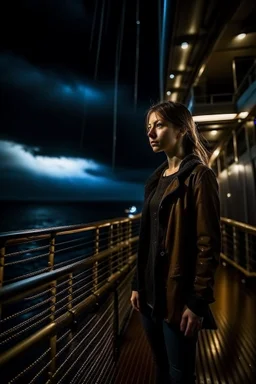 The camera captures from front ,1girl official clothing standing on deck of a luxury huge ship with several floors looking at camera in night on stormy ocean. The dynamic lighting in the stormy sky.