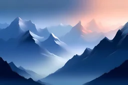 "Uma paisagem abstrata de montanhas nevadas banhadas pela luz do entardecer, onde os picos majestosos se erguem em meio a uma névoa etérea, transmitindo uma sensação de serenidade e mistério." 8k