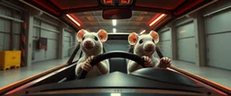 car driving happy 2d neon fluffy orc wheel test dummy rats with human hands in the style of Escher and Giger and Fallout 4, pinhole cam, airbrush 3d rendering, on tv screen:A five-second cinematic single take in a clean industrial presentation hall.