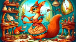 fantasy cartoon style illustration: Madame Squirrel, the most skilled seamstress in the woods, is sewing the carnival costume