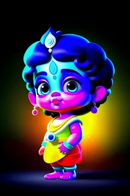super cute God Krishna standing, super little cute face, furry, black haired, adorable and clear eye