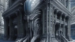 HR Giger style house, conceptual, gray and silver blue painting, hyper realistic, illustration, digital art, highly detailed, fine detail, intricate