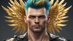 punk man 35 years old angel, fine rendering, high detail, 8K, bright colors, HD photography, gold, apple