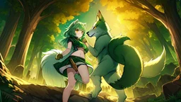 Girl, boy ,wolf muzzle, long green hair, green wolf ears,3 wolf tail, open navel, short blue shirt,animal tail, wolf paws hand, orange eyes, sword, animal fur on feet, night in forrest, wolf paws on feet