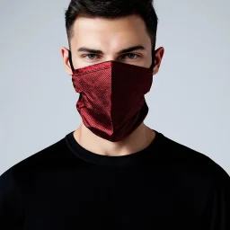 cover album,A male model wears a tshirt black, -fiber material that gives off a cool, metallic sheen. , complementing the minimalist, futuristic aesthetic of him look. Most strikingly, he wears a mask of persian carpet red, featuring elegant, . The mask is crafted from a fabric -like carpet, smooth yet detailed, allowing the model’s facial contours to subtly show through. This interplay between reality and illusion enhances the avant-garde, cyberpunk-inspired design with elements of biomimicry.