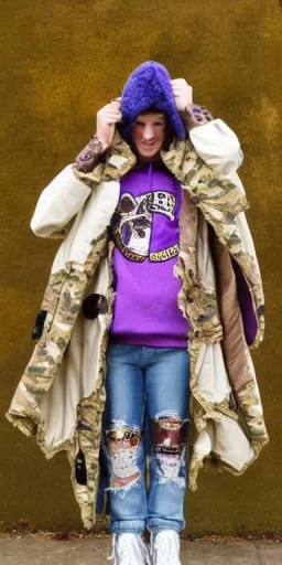 Brunette.thick thighs,thick calves,normal bodytype. big head. Mantle is sewed of upcycled Denim and sewed together of camouflage pieces. Pieces' color are orange, cream and purple. It is with big bright purple felt tippet and cream-colored-hood. mantle is merged with satchel. . Big AKG-style headphones (gold rings!) is merged with small felt cap with small visor. Style: Haute Couture in 1920's, N.Y.C fashion in 1996, inspired by street art. Cream latex gaiter. Her head and rest body visib